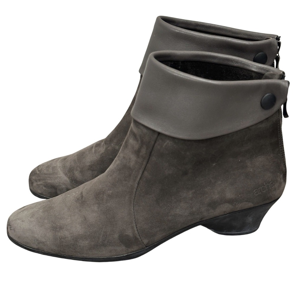 Arche France Calfskin Suede Leather Ankle Boots Taupe Gray Wedge Zip Booties 8.5